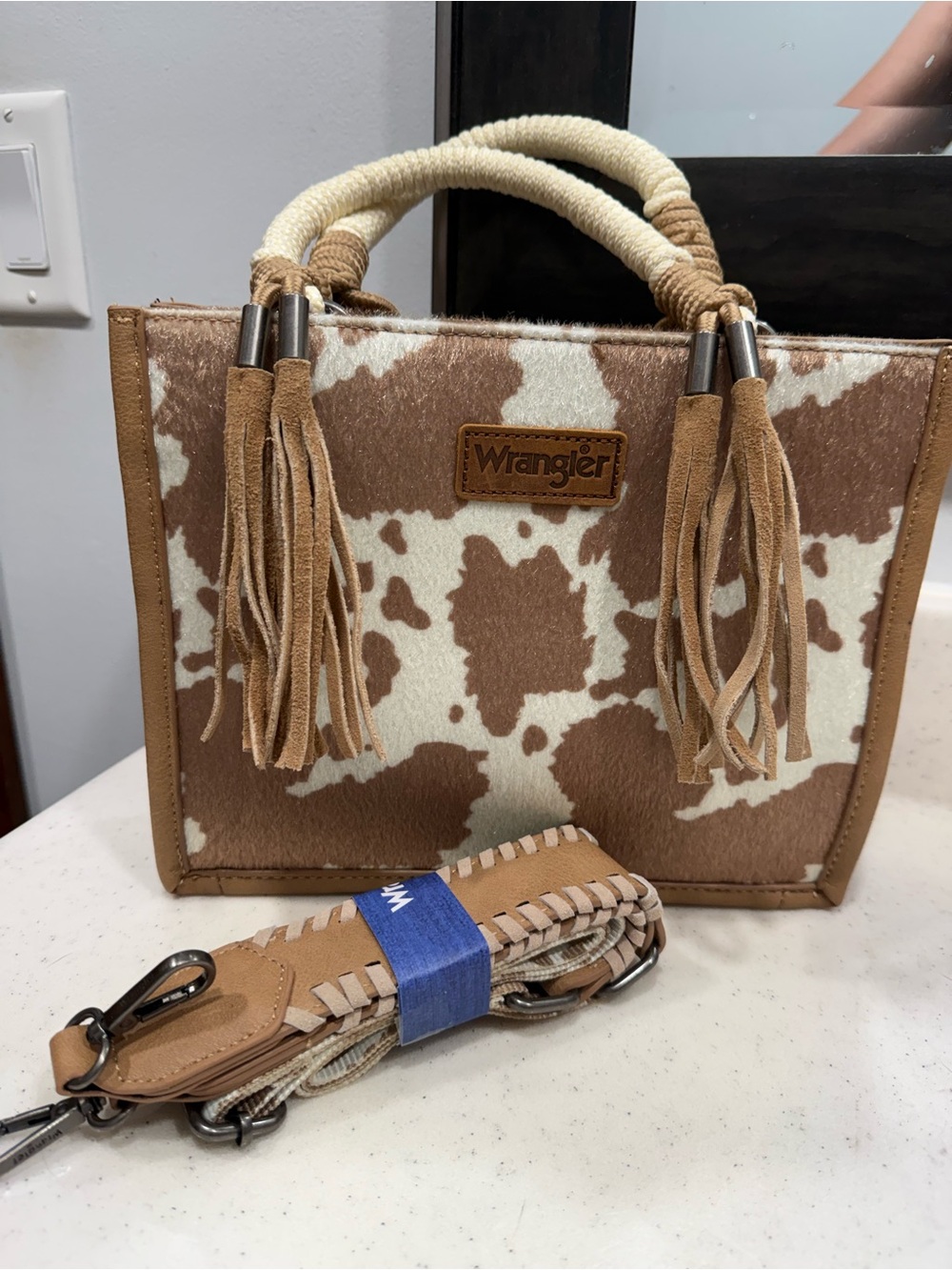 Wrangler Brown & White Cowhide Tote with Rope Handles and Suede Tassels
